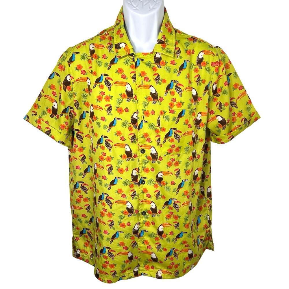Hawaiian Aloha Button‎ Front Shirt Tropical Toucan Birds Green Multi Polyester M